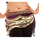 HOTER® Vogue 328 Gold Coins Belly Dance Wrap & Hip Scarf With Colorful Rhinestone, Deluxe V-Shape Style