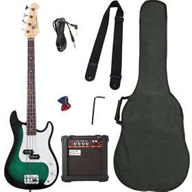 Barcelona Beginner Series Bass Guitar Bundle with 15-Watt Amp, Gig Bag, Strap, and Accessories - Transparent Green Burst: Musical Instruments