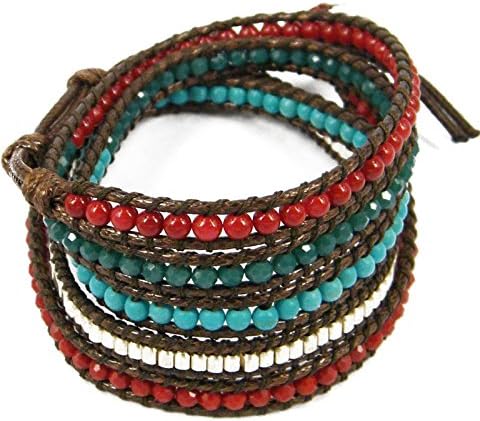 Turquoise, Coral, Rhodium Beaded Rope Wrap Bracelet, 5 Layer 32.5+3.5 in Extender