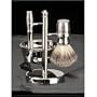 Four Piece Shaving Shave Set with 'Mach 3' Razor, Badger Brush, Soap Dish On Chrome Plated Stand