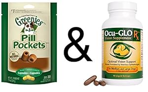 Ocu-Glo Rx Vision Improvement Suport for Medium & Large Dogs 90 Gelcaps with Greenies Pill Pocket Chicken Capsules