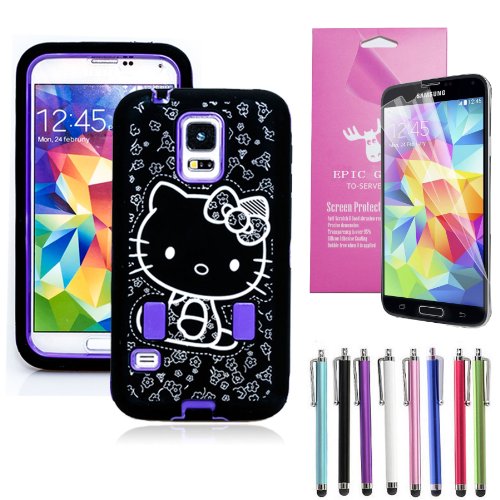 Epic Gadget(TM) Samsung Galaxy S5 i9600 Hybrid Heavy Duty Protective Combo Case Cute Purple Miss Kitty Shockproof Cover Skin With Built in Screen Protector + Free Screen Protector and 1 Stylus Pen (Hello Kitty Purple Case)