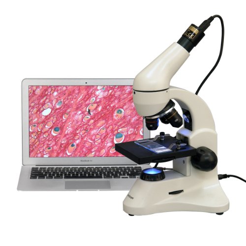 AmScope M120C-2L-PB10-E5 Digital Microscope, WF10x and WF25x Eyepieces, 40x-1000x Magnification, Brightfield, Upper and Lower LED Illumination, Plain Stage, Includes Blank and Prepared Slides, 5MP Camera and Software