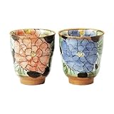 夫婦湯呑み　色彩ぼたん　赤と青　土物