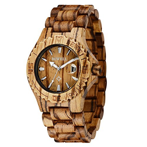 Bewell Handcrafted Natural Zebrawood Men's Wood Watch With Beautiful Wood Grain Brown Father Day Gifts