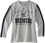 MLB Boys' Milwaukee Brewers Roll Out Long Sleeve Crew Neck Overdyed Tee (Steel Heather/Athletic Navy, Large)
