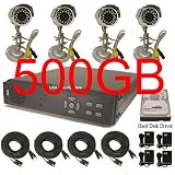 USA Security Store --- CCTV 4 Sony CCD Day/Night Vision Color Cameras with 4 CH Security Surveillance DVR System Built-in 500GB HDD, Included 4x65FT video cables and Power Supplies KIT