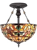 Quoizel TF878SVB Kami Small Semi Flush Mount 2-Light Tiffany Lamp with 348 Pieces of Tiffany Glass, Vintage Bronze