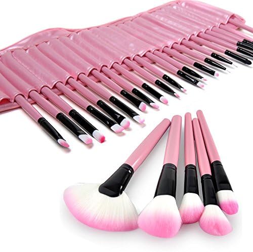 Emylike makeup Brushes Studio Quality 32 Pcs Black Rod Makeup Brush Cosmetic Set Kit withLeather Roll Pouch - For Eye Shadow, Blush, Concealer, Etc. (Pink)