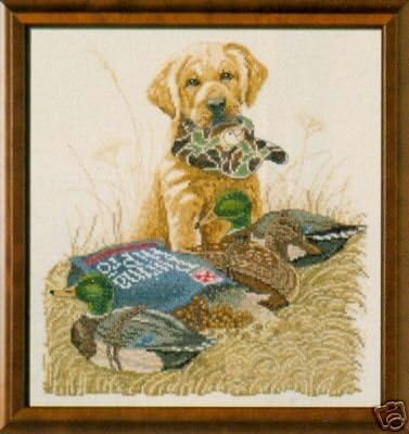Bucilla Counted Cross Stitch Kit ""Set To Go" Yellow Lab Puppy with Hunting Cap, Purina Dog Chow, and Duck Decoys (Stitched Size 10.75" X 12")