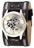 Image of Ed Hardy Gents Silver Dial With Printed Juguar Black Leather Strap Watch