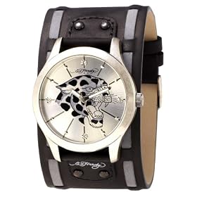 Ed Hardy Gents Silver Dial With Printed Juguar Black Leather Strap Watch: Ed Hardy: Amazon.co.uk: Watches