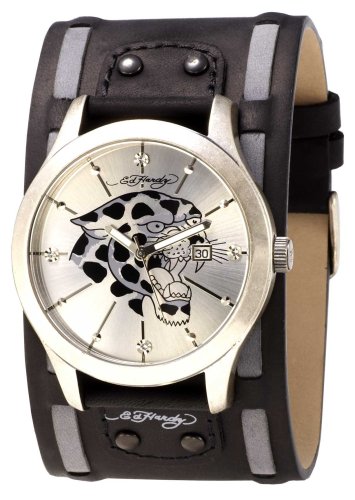 Ed Hardy Gents Silver Dial With Printed Juguar Black Leather Strap Watch Image of Ed Hardy Gents Silver Dial With Printed Juguar Black Leather Strap Watch