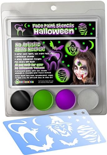 Face Paint Stencil kit HALLOWEEN IMAGES for Kids. NO ARTISTIC SKILLS NEEDED! Pocket Pack: 3 Safe Hypoallergenic Super Concentrated Colors, Stencils, Sponge &amp; How-to Guide for 50+ tattoos. 100% USA