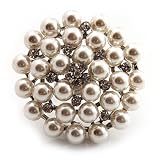 Oversized White Pearl Style Diamante Cocktail Ring (Silver Tone Metal) - 4.5cm Diameter