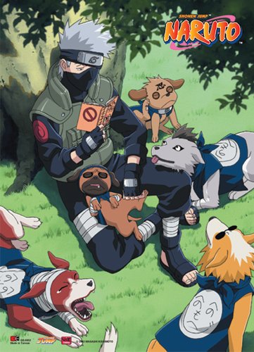 Naruto Kakashi Reading With Dogs Anime Wall Scroll