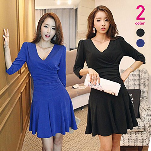 （ノーブランド品）カシュクール Aライン 7分袖 ひざ丈ワンピース 黒 青 フリーサイズ