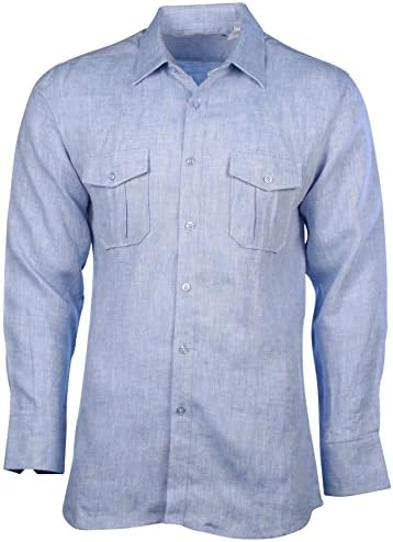 Mojito Collection Men's Linen 2-Pocket Long Sleeve Button Down Shirt-Blue-Medium