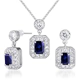 Alluring 3.50 carats Radiant Cut Created Blue Sapphire Pendant Earrings Set in Sterling Silver