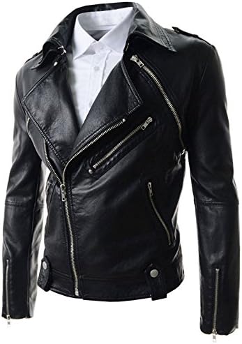 Supman Men's Oblique Zipper Leather Rider Jacket with Zip Pockets Black