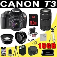 Canon EOS Rebel T3 SLR w/ 18-55mm IS II Lens + Canon EF 75-300mm f/4-5.6 III Lens + LPE10 Battery + 16GB SDHC Memory + Flash + MORE DavisMAX Bundle