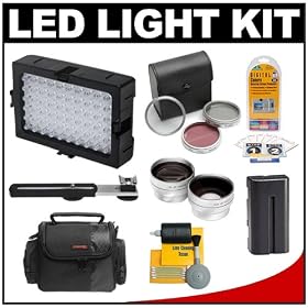 DLC 5600K LED Video Light with Bracket + NP-F550 Battery + Filters + Telephoto/Wide Angle Lenses + Accessory Kit for Camcorders