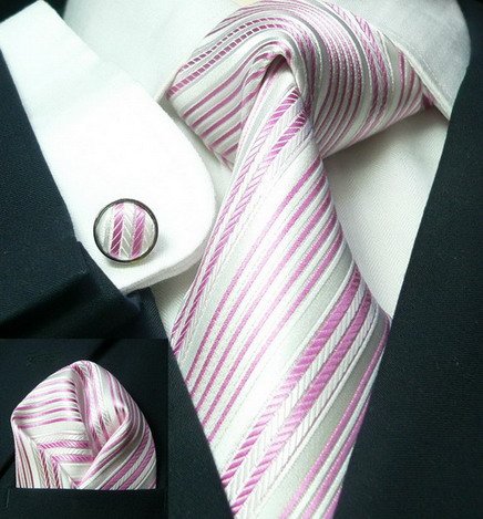 New Landisun Stripe Pink White Tie Set: Silk Woven Tie+ Hanky+ Cufflinks 573