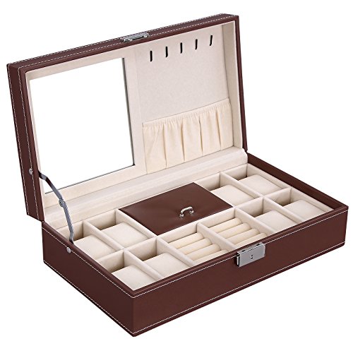 Songmics brown leather jewelry box 8 watch organizer st…
