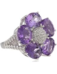 Sterling Silver Oval Amethyst with Diamond Ring, Size 7