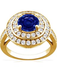 18K Yellow Gold Round Cut Blue Sapphire Ring With Sidestones