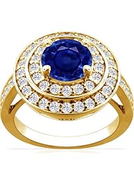 14K Yellow Gold Round Cut Blue Sapphire Ring With Sidestones