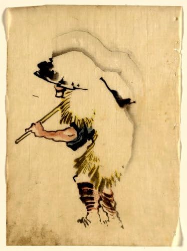 1830 Japanese Print . A man walking to the left, wearing a large conical hat and a straw or feather garment, carrying a long handled tool over his right shoulder