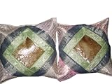 2 Bright Pink Olive Green Brocade Vintage Sari Zari Borders Toss Cushion Covers 16