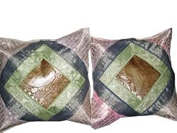 2 Bright Pink Olive Green Brocade Vintage Sari Zari Borders Toss Cushion Covers 16"x16"