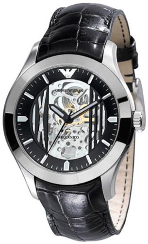 Emporio Armani Men's Meccanico AR4648 Black Leather Quartz Watch with Black Dial