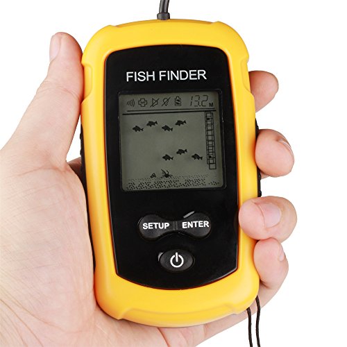 Flexzion Portable Wired Fish Finder 328ft LCD Display Alarm Transducer Round Sonar Sensor Fishfinder With 25ft Cable 45 Degree Beam Angle and Removable Float