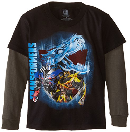 Transformers Little Boys' Optimus Bumblebee Grimlock Long Sleeve Two-Fer T-Shirt, Black/Charcoal, 4