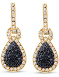 10K Yellow and White Two 2 Tone Gold Round Brilliant Cut Black and White Diamond - Pear Shape Prong Set Dangle Earrings - (1.80 cttw.)