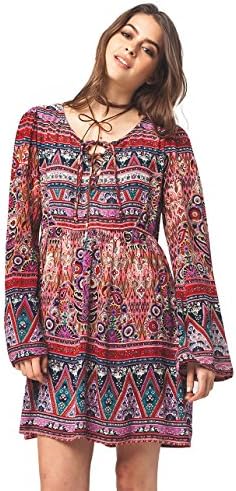 PATRONS OF PEACE Multi Print Lace Up Dress, Coral, Medium