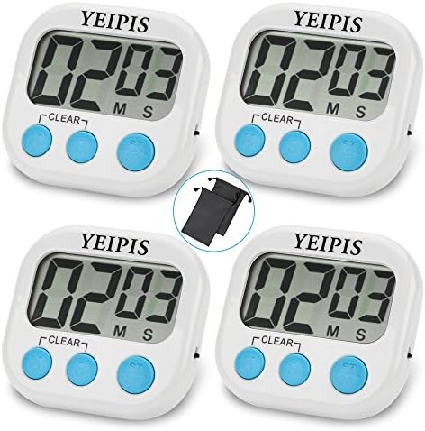 4 Packs Digital Kitchen Timer, Yeipis Cooking Timer Clock with Big Digits, Loud Alarm, Stand and Latest Magnetic Backing Design, for Minute Second Count Up Countdown. Storage Bags x 2 Included