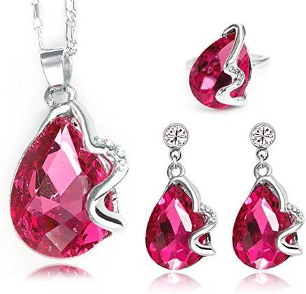 Charmmaster Shining Rosered Water Drop Crystal Pendant Women Jewelry Necklace Earring and Ring