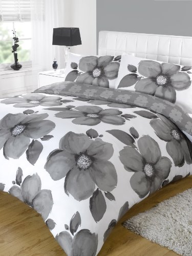 Poppy Black Grey White Duvet Quilt Cover Set, Double Bed