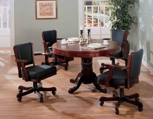 Three-in-One Cherry Finish Wood Dining, Poker, Bumper Pool Table with Chairs Set On Sale