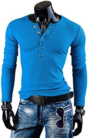 Prettygood Men's Solid V-neck Long Sleeve T-shirt Slim Fit Cotton Henley Shirt Blue 2XL