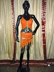Orange Bra Choli Hip Wrap Scarf Coin Bellydance Costume M