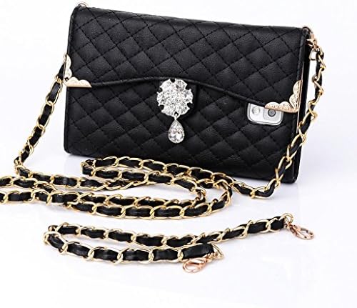 Multi-purpose Fashion Diamond Lattice Cell Phone Pouch Folio Flip PU Leather Case Wallet Cover for Samsung Galaxy Note3 N900 N9000 with Multiple ID Card Holders & Long Strap & Money Pocket & Bling Flower Design - Black