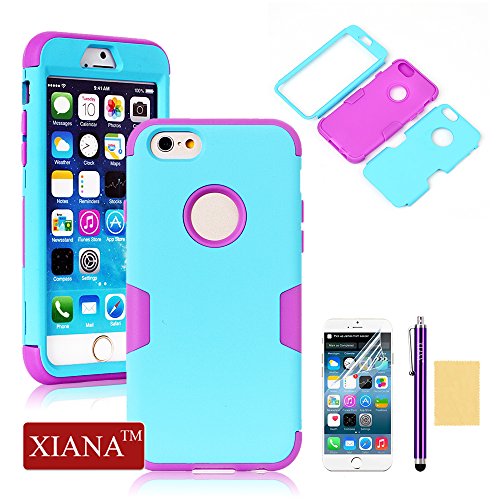 iPhone 6 Plus Case, XIANA Newly Fashion Hybrid High Impact Resistant Bumpers Slim Back Shell Case Cover Suitable For Apple iPhone 6 Plus(5.5)(Silicone+PC Design) with Stylus, Screen Protector and Cleaning Cloth-(Blue+Purple)