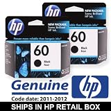 2 Pack HP 60 (CC640WN, CC640WN#140) Black OEM Genuine Inkjet/Ink Cartridge (200 Yield) - Retail