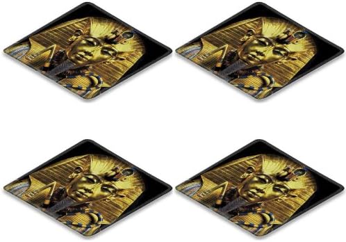 Gold Egypt Pharaoh Coffin Sarcophagus Square Coaster (4 Piece) Set Fabric Rubber 5 Inch Size Liil Coaster Cup Mug Can Water Bottle Drink Coasters Stain Resistance Collector Kit Kitchen Table Top Desk