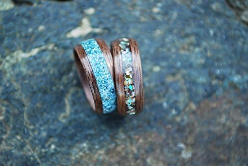 Abalone Teal Walnut Bentwood Ring Pairing
